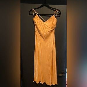 “Hello Molly” NWT Orange Satin midi dress cowl neck, slit up side size 10/M
